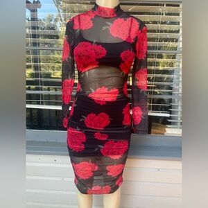Sheer Black Dress with Red Floral Pattern